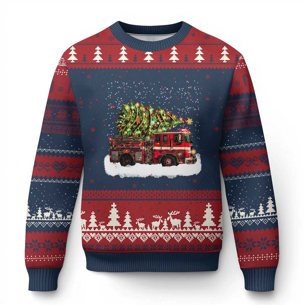 Fire Truck Xmas Ugly Christmas Sweater Fireman Xmas Firefighter TS10 Navy Red Print Your Wear
