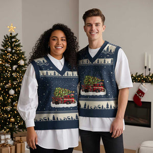 Fire Truck Xmas V-Neck Knit Sweater Vest Fireman Xmas Firefighter TS10 Navy Beige Print Your Wear