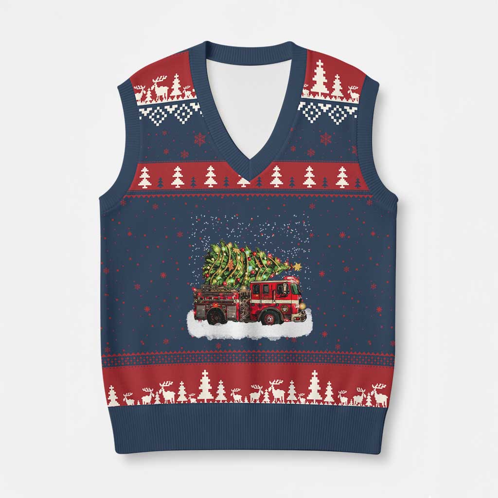 Fire Truck Xmas V-Neck Knit Sweater Vest Fireman Xmas Firefighter TS10 Navy Red Print Your Wear