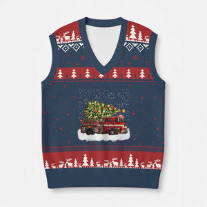 Fire Truck Xmas V-Neck Knit Sweater Vest Fireman Xmas Firefighter TS10 Navy Red Print Your Wear