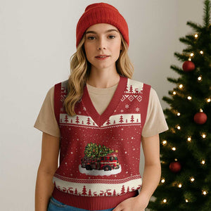 Fire Truck Xmas V-Neck Knit Sweater Vest Fireman Xmas Firefighter TS10 Red Beige Print Your Wear