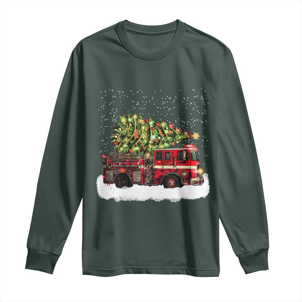 Fire Truck Christmas Long Sleeve Shirt Fireman Xmas Firefighter TS10 Dark Forest Green Print Your Wear