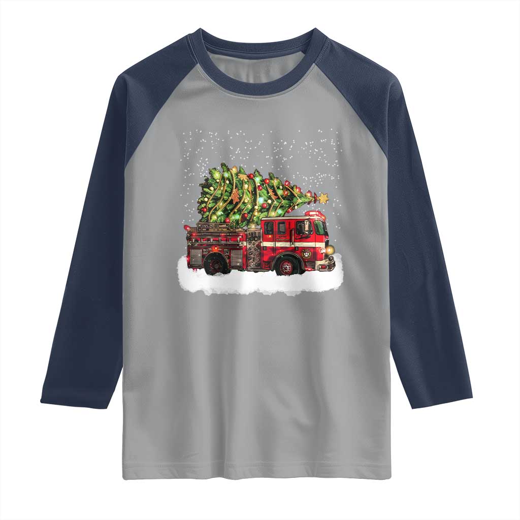 Fire Truck Christmas Raglan Shirt Fireman Xmas Firefighter TS10 Sport Gray Navy Print Your Wear