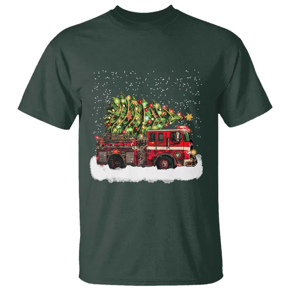 Fire Truck Christmas T Shirt Fireman Xmas Firefighter TS10 Dark Forest Green Print Your Wear