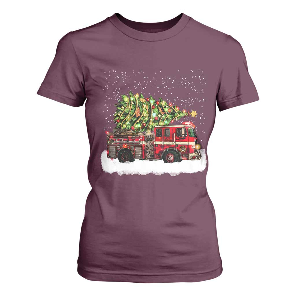 Fire Truck Christmas T Shirt For Women Fireman Xmas Firefighter TS10 Maroon Print Your Wear