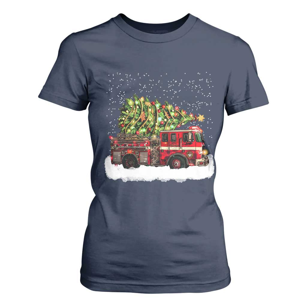 Fire Truck Christmas T Shirt For Women Fireman Xmas Firefighter TS10 Navy Print Your Wear