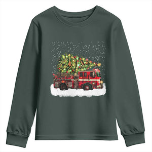 Fire Truck Christmas Youth Sweatshirt Fireman Xmas Firefighter TS10 Dark Forest Green Print Your Wear