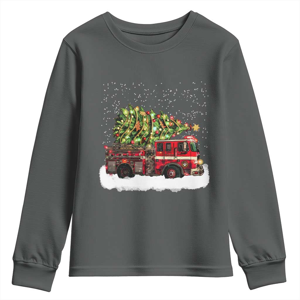 Fire Truck Christmas Youth Sweatshirt Fireman Xmas Firefighter TS10 Dark Heather Print Your Wear