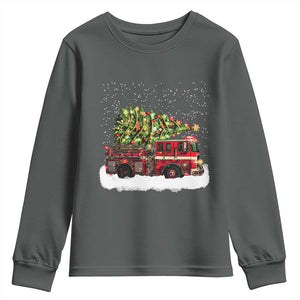 Fire Truck Christmas Youth Sweatshirt Fireman Xmas Firefighter TS10 Dark Heather Print Your Wear