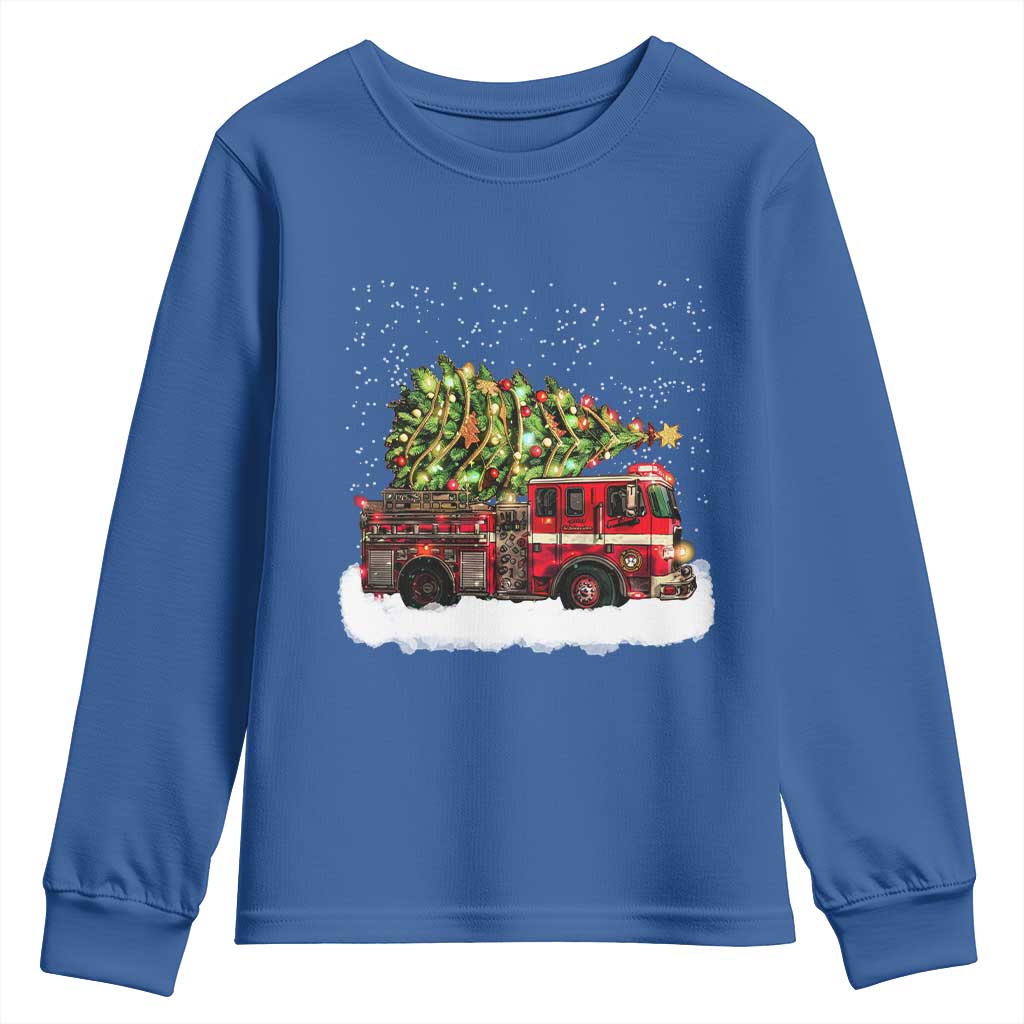 Fire Truck Christmas Youth Sweatshirt Fireman Xmas Firefighter TS10 Royal Blue Print Your Wear