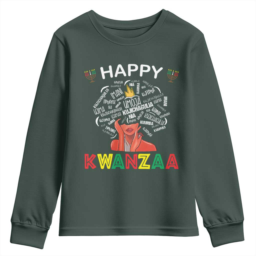 Happy Kwanzaa Youth Sweatshirt African American Afro Queen Nguzo Saba TS10 Dark Forest Green Print Your Wear