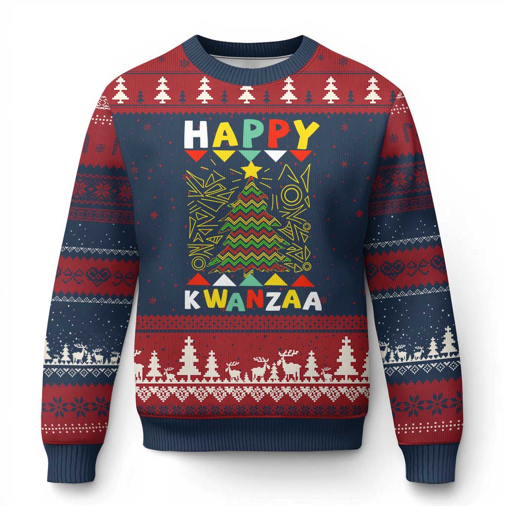 Happy Kwanzaa Xmas Ugly Christmas Sweater African American Holiday Xmas Tree TS10 Navy Red Print Your Wear