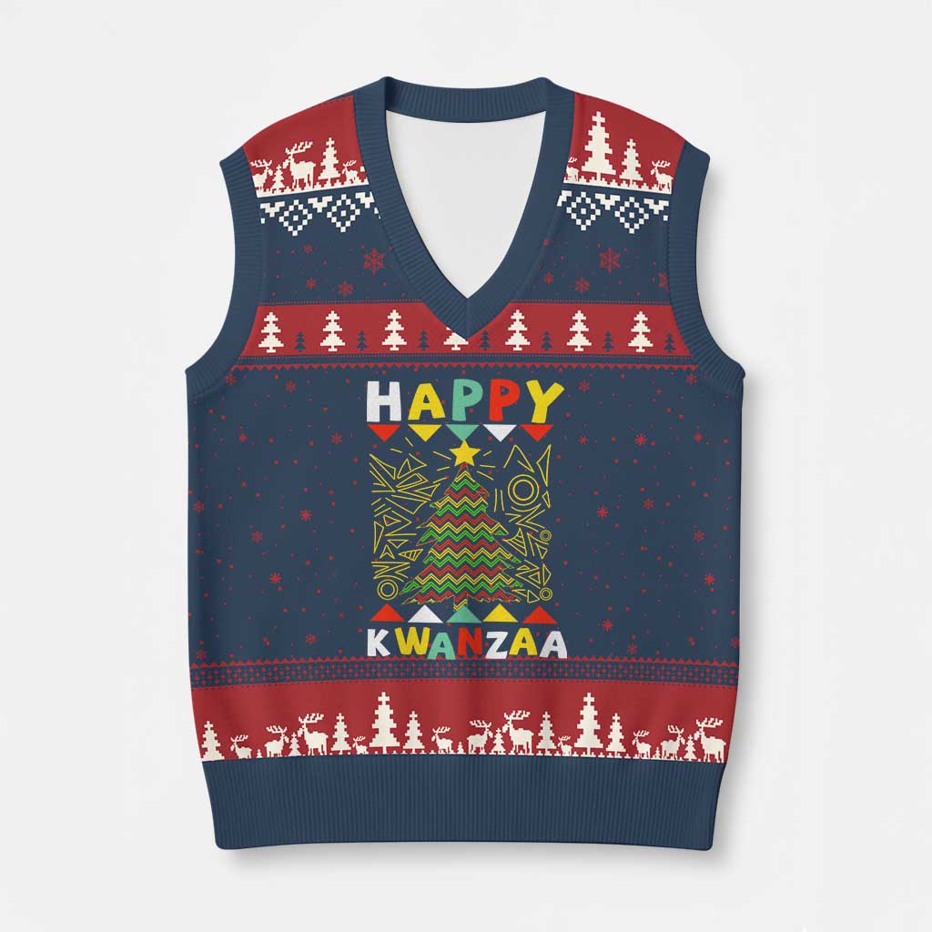 Happy Kwanzaa Xmas V-Neck Knit Sweater Vest African American Holiday Xmas Tree TS10 Navy Red Print Your Wear