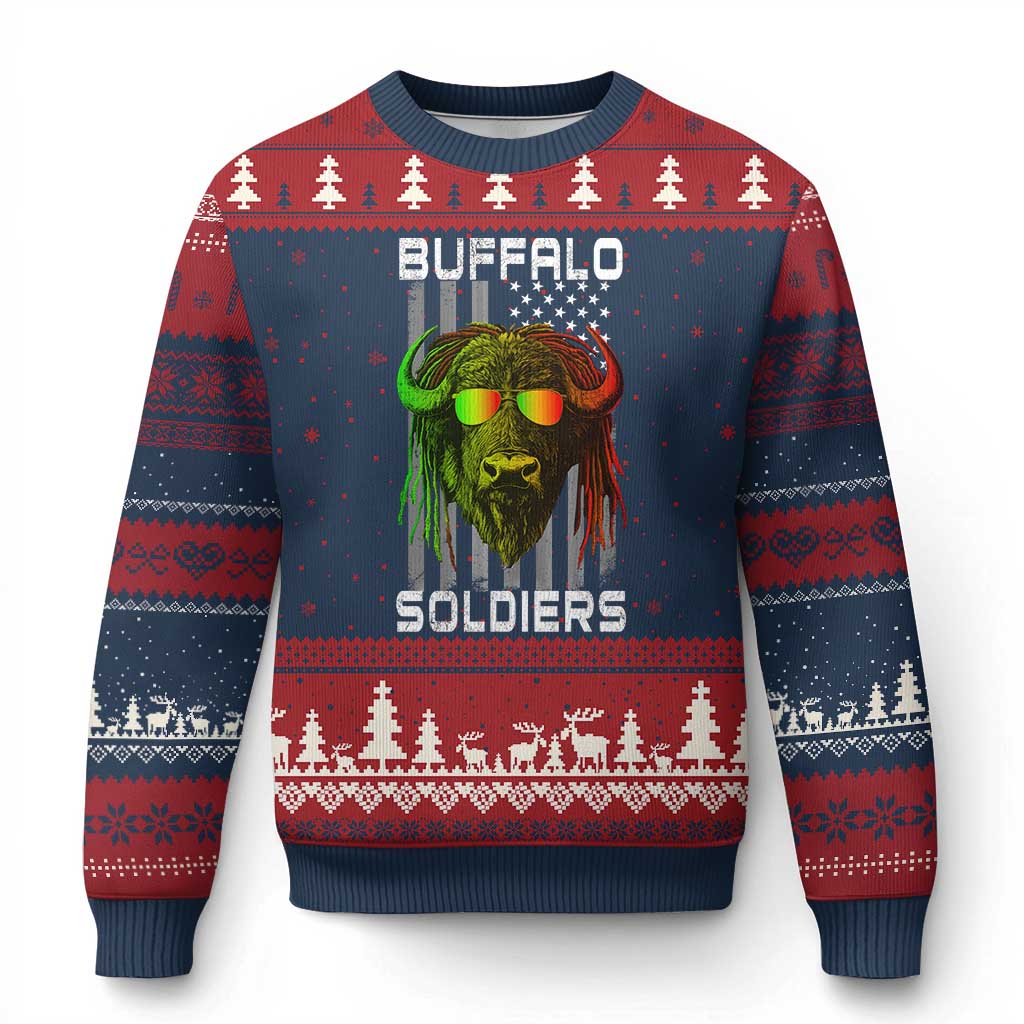 Retro Buffalo Soldiers Ugly Christmas Sweater 9th and 10th Cavalry African American Heros USA Flag TS10 Navy Red Print Your Wear