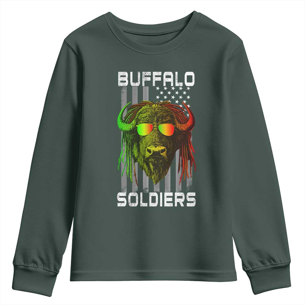 Retro Buffalo Soldiers Youth Sweatshirt 9th and 10th Cavalry African American Heros USA Flag TS10 Dark Forest Green Print Your Wear
