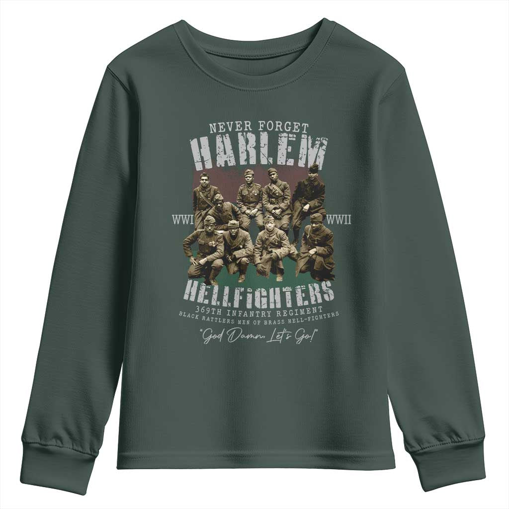 Halem Hellfighters Youth Sweatshirt African American Black Military History Soldiers WWI WWII TS10 Dark Forest Green Print Your Wear