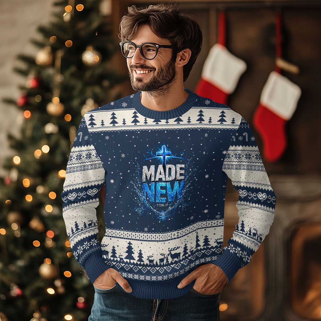 Christian Baptism Ugly Christmas Sweater Made Water Bible Verse Baptized TS10 Navy Beige Print Your Wear