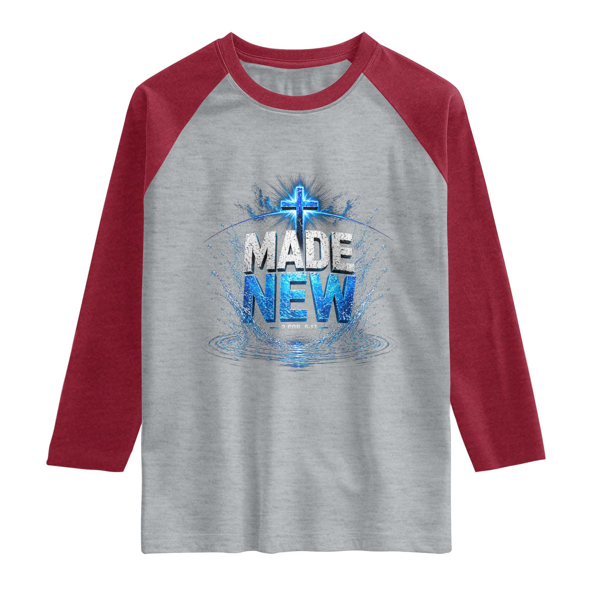 Christian Baptism Raglan Shirt Made Water Bible Verse Baptized TS10 Heather Gray Heather Red Print Your Wear
