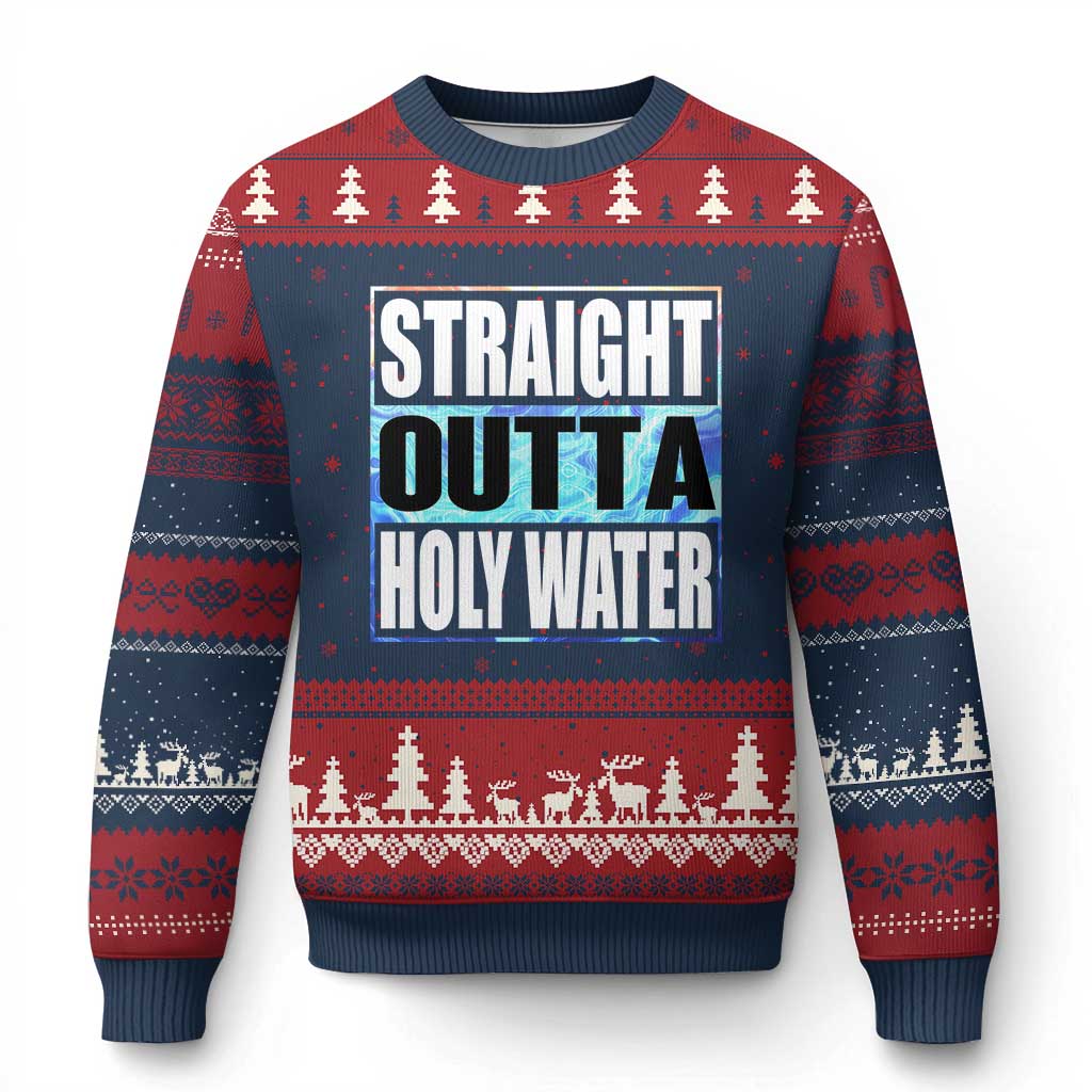 Straight Outta Holy Water Ugly Christmas Sweater Baptismal Baptism Christening TS10 Navy Red Print Your Wear