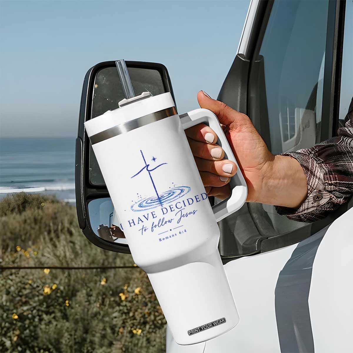 New Believer Tumbler With Handle I Have Decided To Follow Jesus In Baptism Cross Water TS10 Print Your Wear