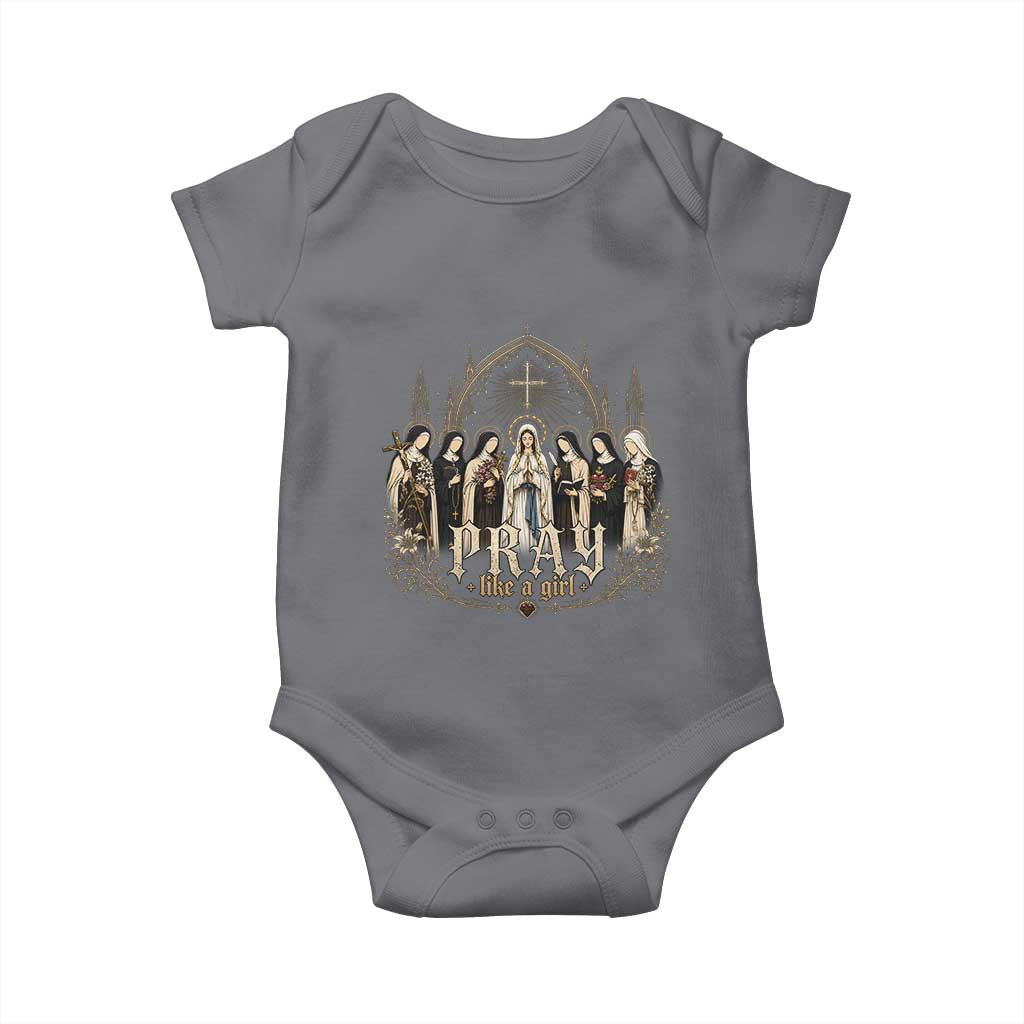 Catholic Saint Baby Onesie Pray Like A Girl Vintage Christian Faith Inspired TS10 Charcoal Print Your Wear