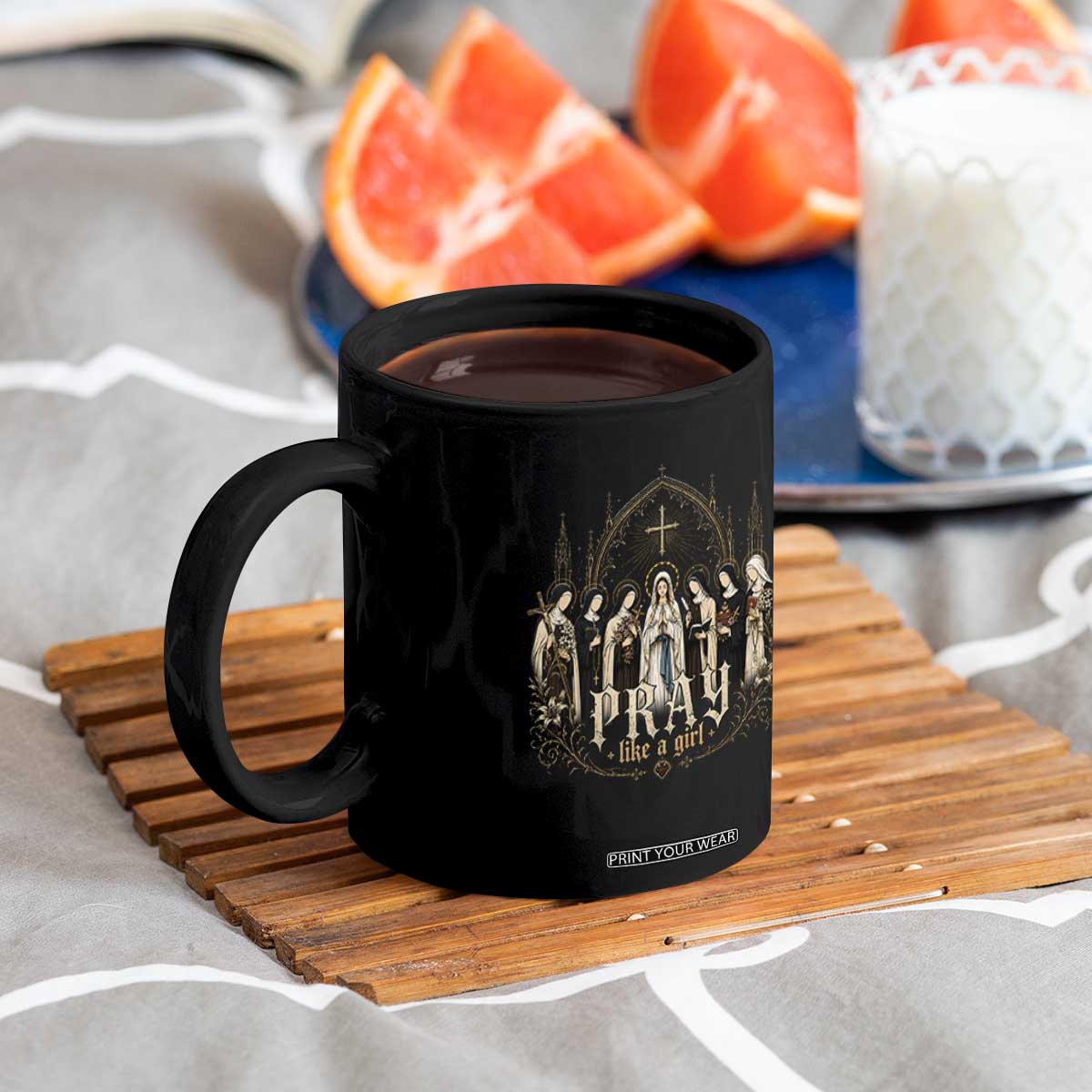 Catholic Saint Coffee Mug Pray Like A Girl Vintage Christian Faith Inspired TS10 Print Your Wear