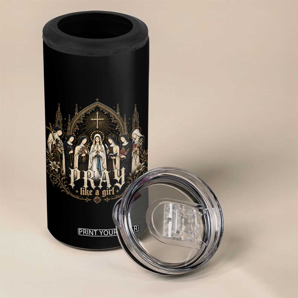 Catholic Saint 4 in 1 Can Cooler Tumbler Pray Like A Girl Vintage Christian Faith Inspired TS10 Print Your Wear