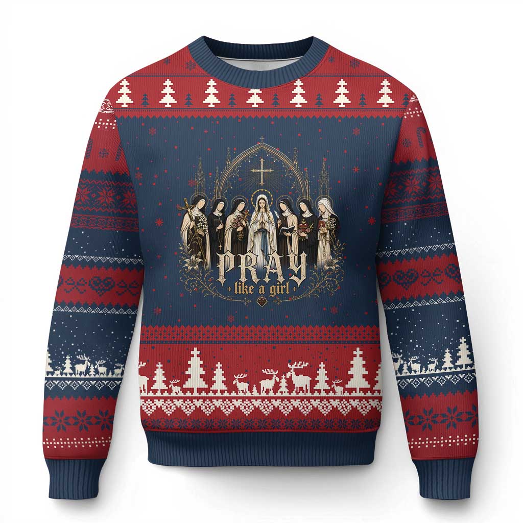 Catholic Saint Ugly Christmas Sweater Pray Like A Girl Vintage Christian Faith Inspired TS10 Navy Red Print Your Wear