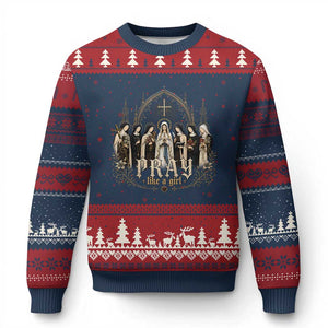 Catholic Saint Ugly Christmas Sweater Pray Like A Girl Vintage Christian Faith Inspired TS10 Navy Red Print Your Wear