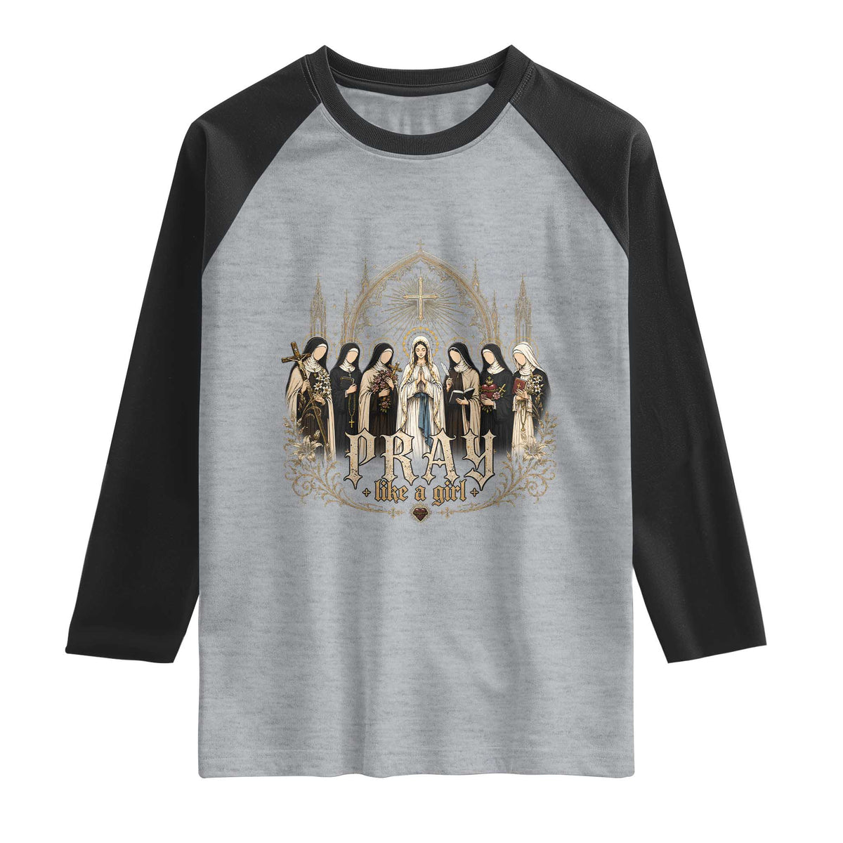 Catholic Saint Raglan Shirt Pray Like A Girl Vintage Christian Faith Inspired TS10 Heather Gray Black Print Your Wear