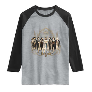 Catholic Saint Raglan Shirt Pray Like A Girl Vintage Christian Faith Inspired TS10 Heather Gray Black Print Your Wear