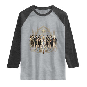 Catholic Saint Raglan Shirt Pray Like A Girl Vintage Christian Faith Inspired TS10 Heather Gray Heather Charcoal Print Your Wear