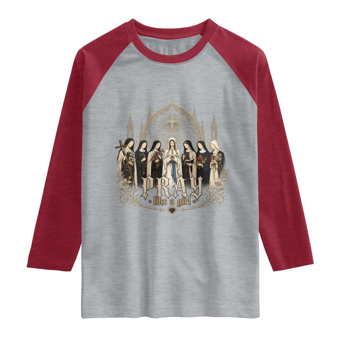 Catholic Saint Raglan Shirt Pray Like A Girl Vintage Christian Faith Inspired TS10 Heather Gray Heather Red Print Your Wear