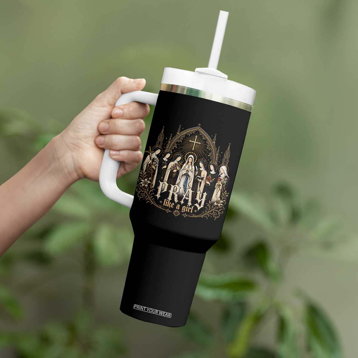 Catholic Saint Tumbler With Handle Pray Like A Girl Vintage Christian Faith Inspired TS10 Print Your Wear