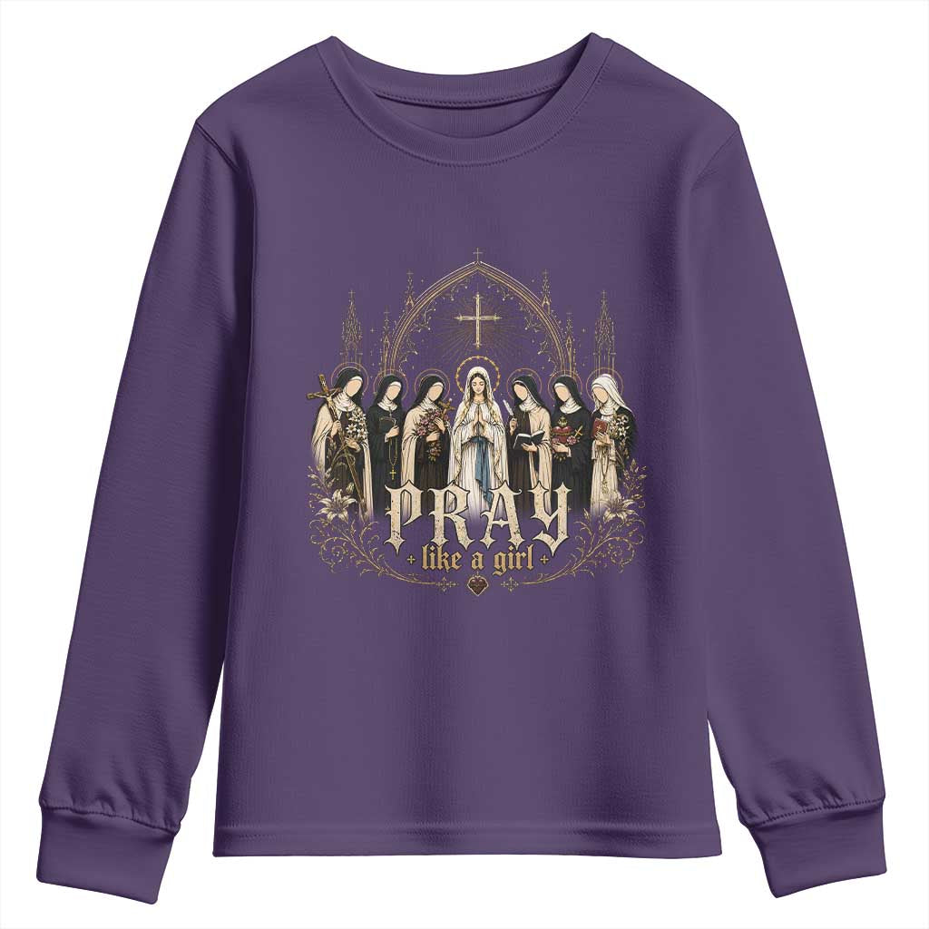 Catholic Saint Youth Sweatshirt Pray Like A Girl Vintage Christian Faith Inspired TS10 Purple Print Your Wear