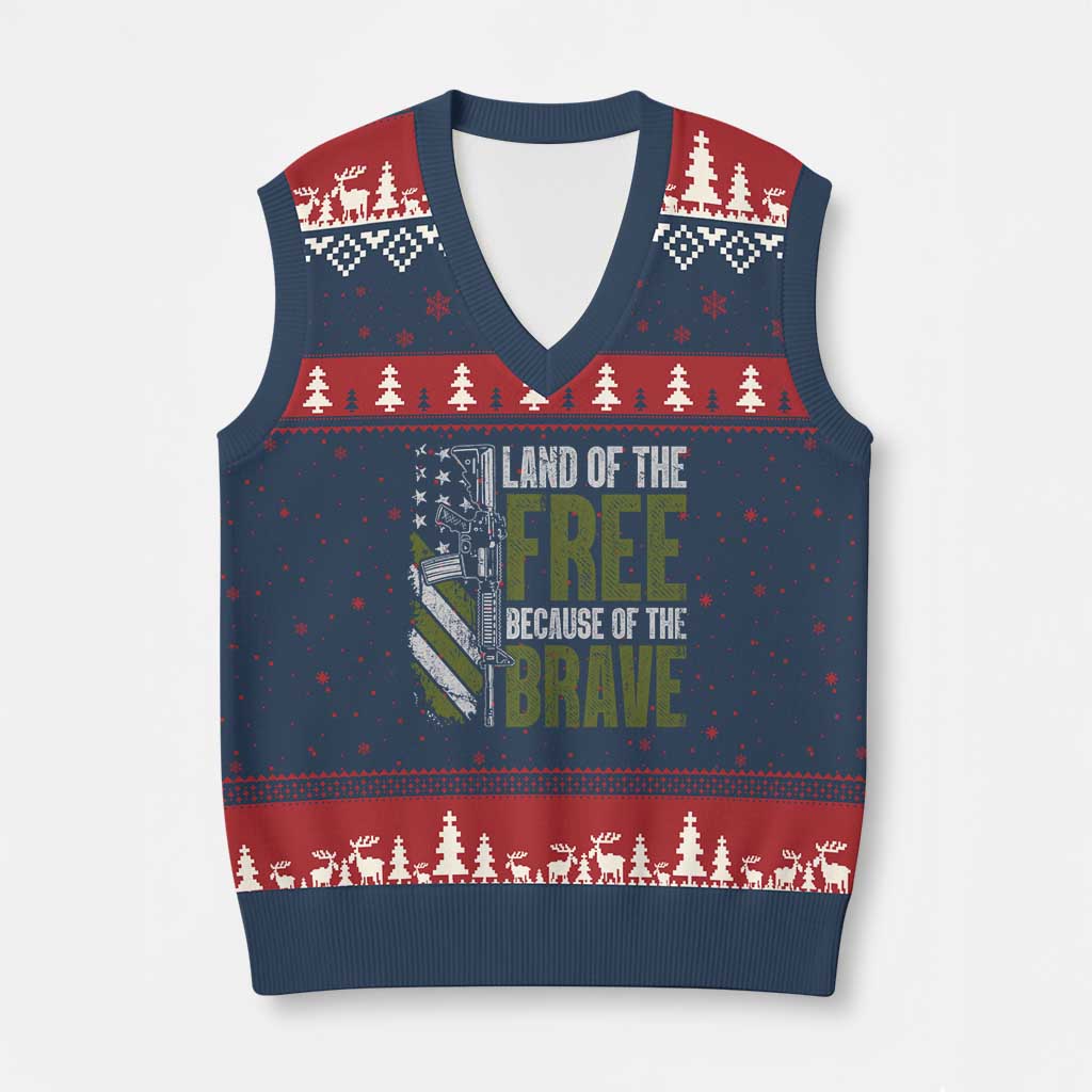Land of the Free Because of the Brave V-Neck Knit Sweater Vest Gun American Flag TS10 Navy Red Print Your Wear