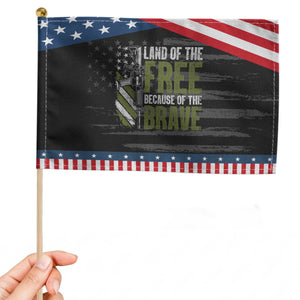 Land of the Free Because of the Brave Patriotic Handheld Flag Gun American Flag TS10 Distressed 8.2" × 5.5" Black Blue Print Your Wear