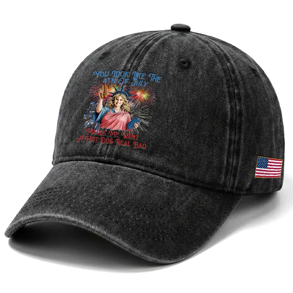 You Look Like The 4th Of July Makes Me Want A Hot Dog Real Bad Washed Cotton Baseball Cap Funny 4th July Hot Dog Meme TS10 Print Your Wear