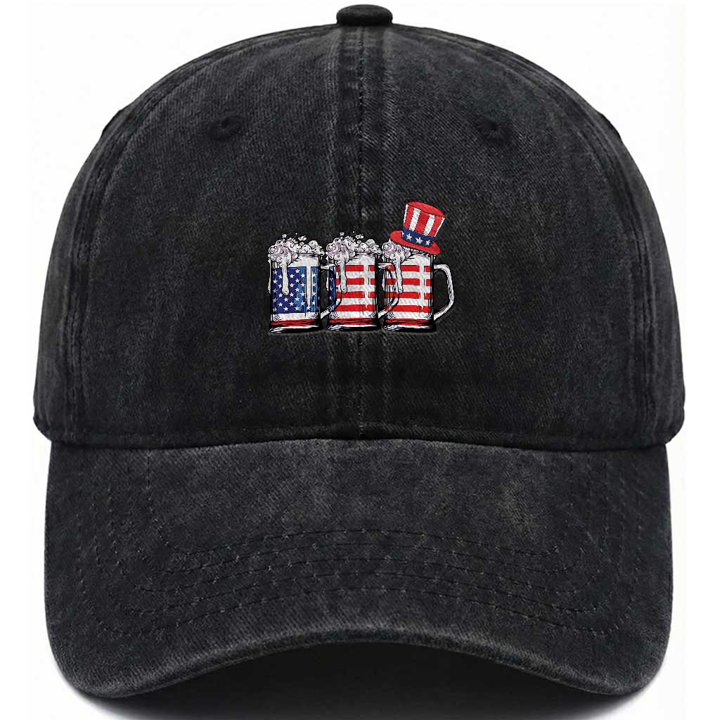 Beer American Flag 4th of July Washed Cotton Baseball Cap Merica Drinking USA TS10 Washed Cap Universal Fit Black Print Your Wear
