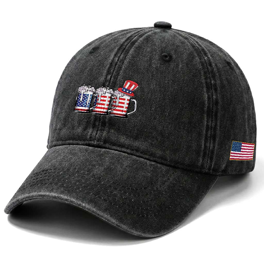 Beer American Flag 4th of July Washed Cotton Baseball Cap Merica Drinking USA TS10 Print Your Wear