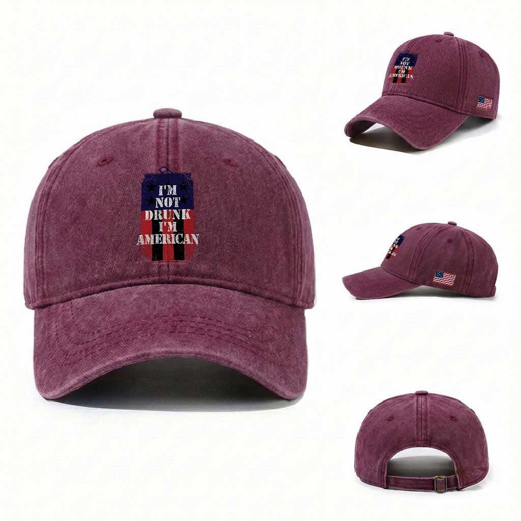 Funny Beer American Flag 4th of July Washed Cotton Baseball Cap Not Drunk I am American Merica USA TS10 Washed Cap Universal Fit Burgundy Print Your Wear