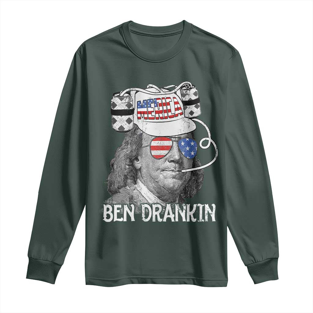 4th of July Ben Drankin Long Sleeve Shirt Funny Benjamin Franklin USA Flag TS10 Dark Forest Green Print Your Wear