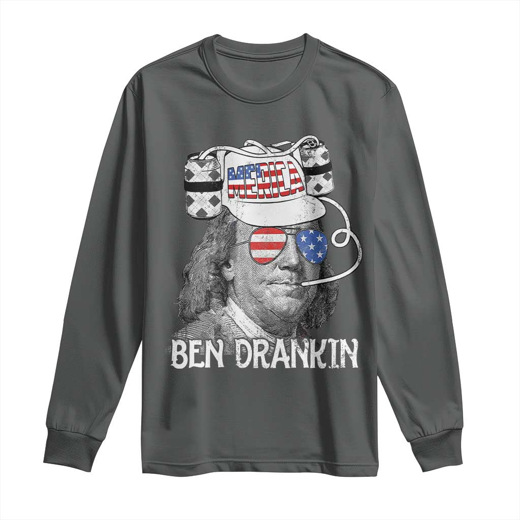 4th of July Ben Drankin Long Sleeve Shirt Funny Benjamin Franklin USA Flag TS10 Dark Heather Print Your Wear
