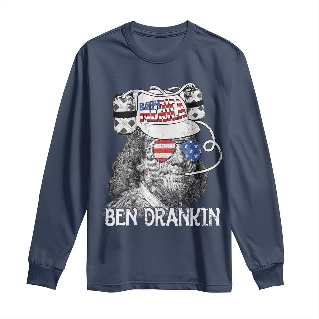 4th of July Ben Drankin Long Sleeve Shirt Funny Benjamin Franklin USA Flag TS10 Navy Print Your Wear