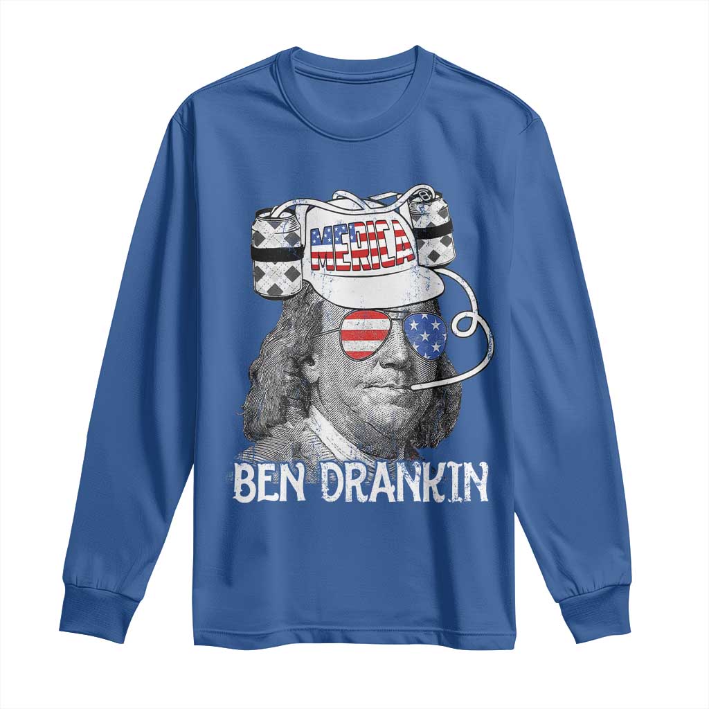 4th of July Ben Drankin Long Sleeve Shirt Funny Benjamin Franklin USA Flag TS10 Royal Blue Print Your Wear