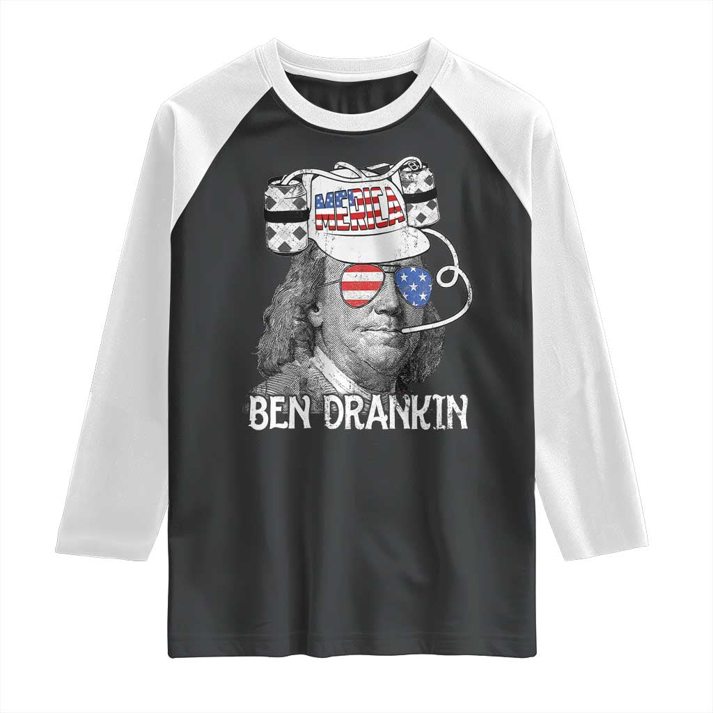 4th of July Ben Drankin Raglan Shirt Funny Benjamin Franklin USA Flag TS10 Black White Print Your Wear