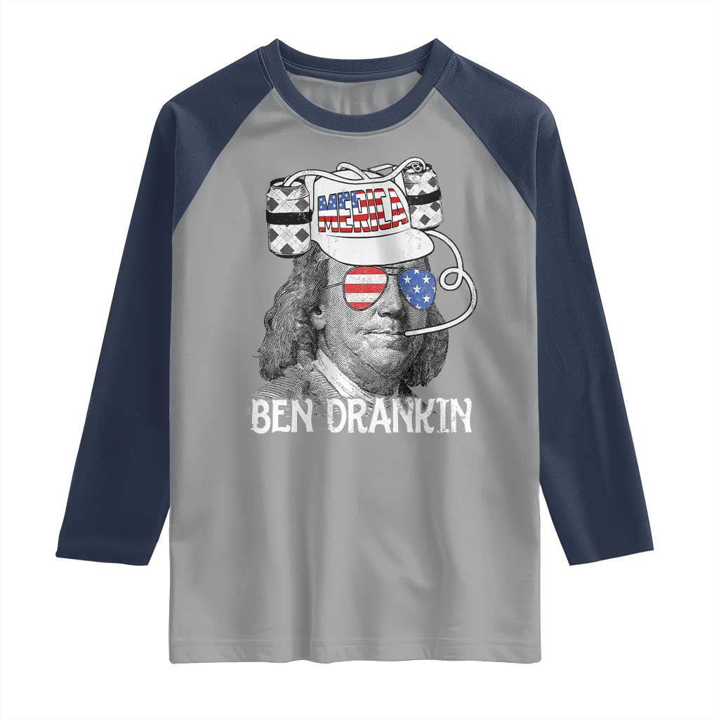4th of July Ben Drankin Raglan Shirt Funny Benjamin Franklin USA Flag TS10 Sport Gray Navy Print Your Wear