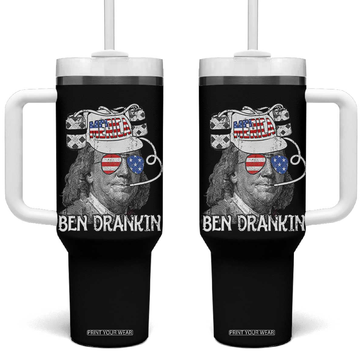 4th of July Ben Drankin Tumbler With Handle Funny Benjamin Franklin USA Flag TS10 One Size: 40 oz Black Print Your Wear