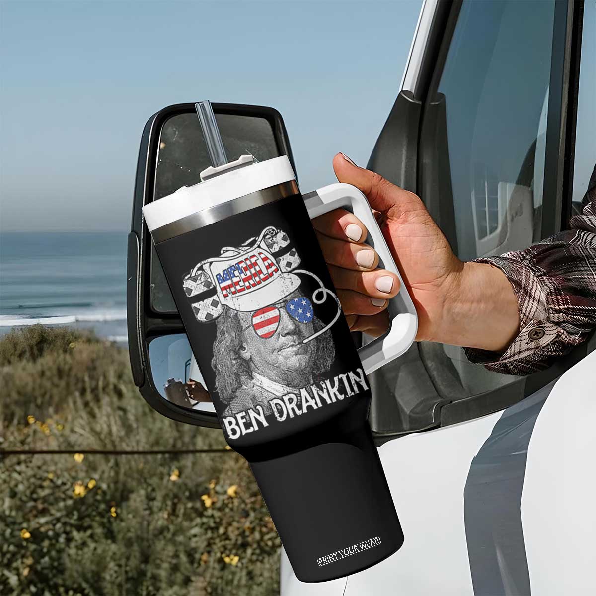 4th of July Ben Drankin Tumbler With Handle Funny Benjamin Franklin USA Flag TS10 Print Your Wear