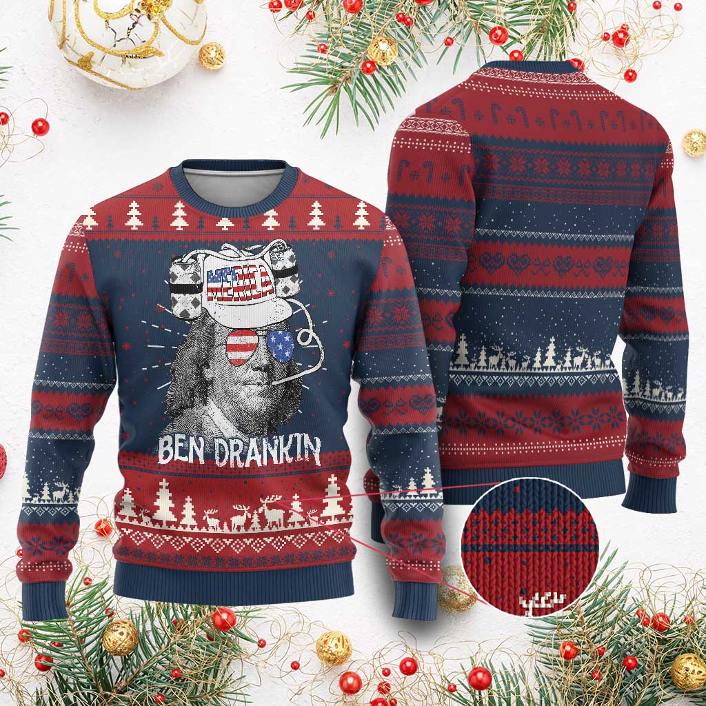 4th of July Ben Drankin Knit Sweatshirt Funny Benjamin Franklin USA Flag TS10 Burgundy Print Your Wear
